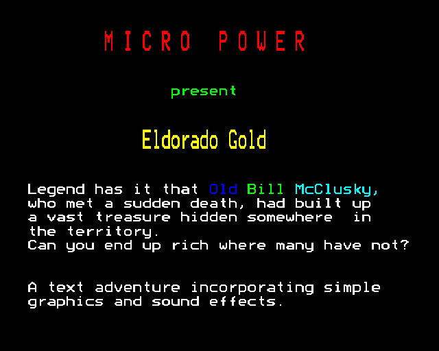 Eldorado Gold (BBC Micro) screenshot: Title screen