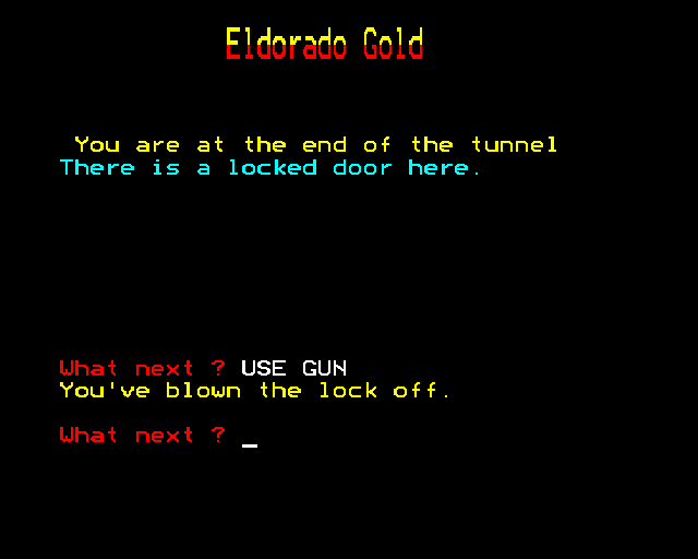 Eldorado Gold (BBC Micro) screenshot: Using gun to shoot a lock