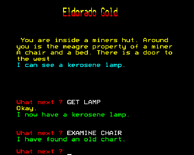 Eldorado Gold (BBC Micro) screenshot: In the miners hut