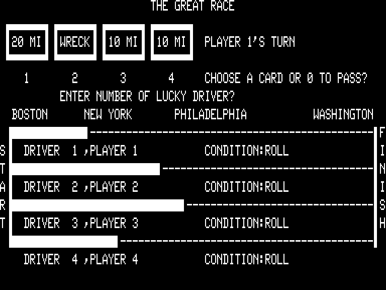 The Great Race (TRS-80) screenshot: About to use a wreck card on an opponent