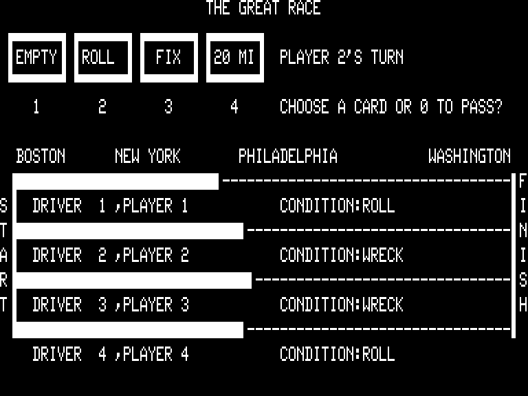 The Great Race (TRS-80) screenshot: Wrecked players have to use the fix card to start rolling again