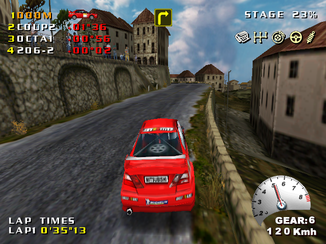 Need for Speed: V-Rally 2 (Windows) screenshot: The co-pilot's directions are shown as arrows at the top of the screen.
