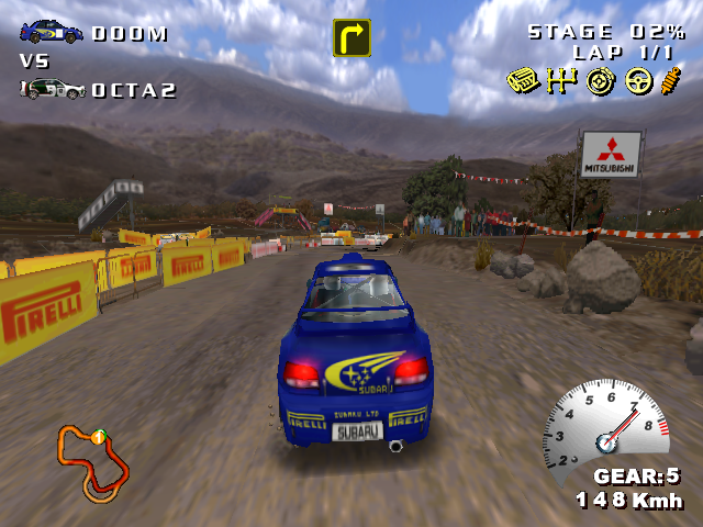 Need for Speed: V-Rally 2 (Windows) screenshot: Some of the rounds in the Expert Championship have 1-on-1 action as the final third stage. You can see here the opponent on the parallel lane.