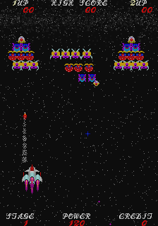 Sky Fox (Arcade) screenshot: Combination of Galaga and Phoenix?