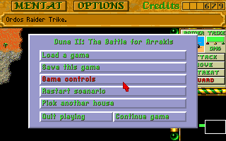 Dune II: The Building of a Dynasty (Amiga) screenshot: Game options.