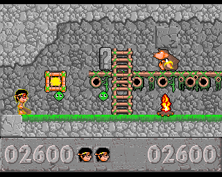 Jurajski Sen (Amiga) screenshot: Bouncing ball, surprise stone and moneky