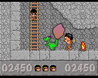 Jurajski Sen (Amiga) screenshot: Dino, caveman and fire