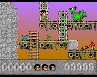 Jurajski Sen (Amiga) screenshot: Big green dino