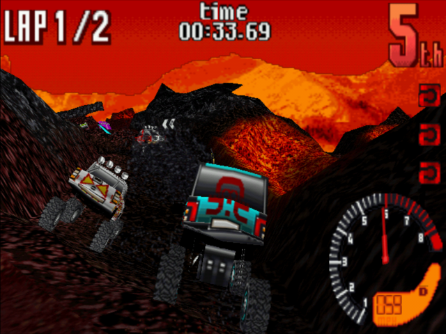 TNN Motor Sports Hardcore 4x4 (Windows) screenshot: Nothing like racing in a hellish volcano!
