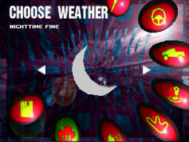 TNN Motor Sports Hardcore 4x4 (Windows) screenshot: Sunny, fog, rain, night. Lots of weather options to choose