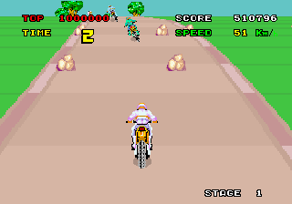 Enduro Racer (Arcade) screenshot: Avoid the rocks.