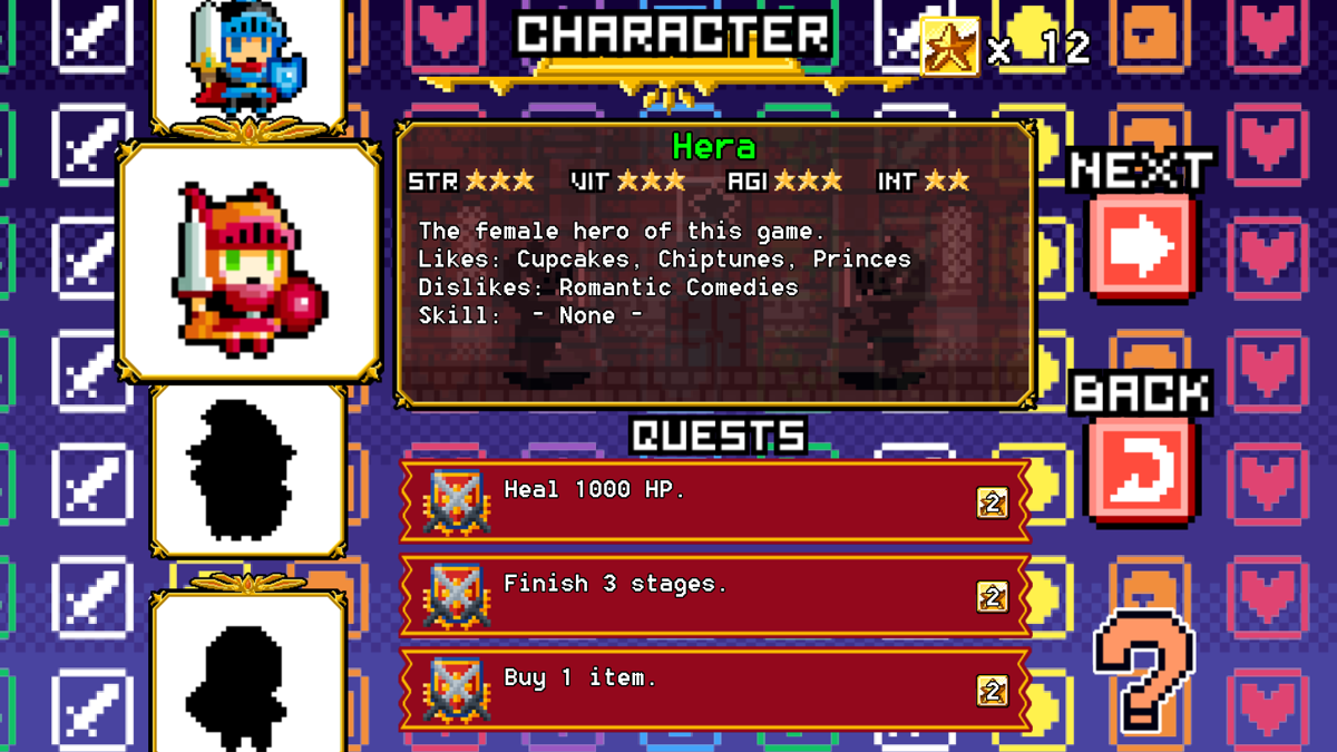 Block Legend DX (Windows) screenshot: Choosing your hero - or heroine; locked ones are available with starblocks