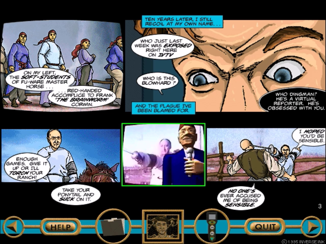 Reflux: Issue.02 - "The Threshold" (Windows 3.x) screenshot: Another fine example combining comics with live action clip.