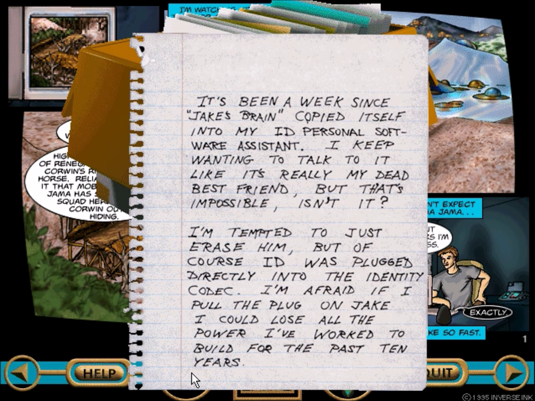 Reflux: Issue.02 - "The Threshold" (Windows 3.x) screenshot: The story is expanded with various notes and clips that you can read.