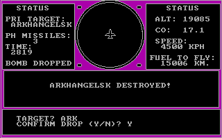B-1 Nuclear Bomber (DOS) screenshot: Arkhangelsk is ashes. (CGA)