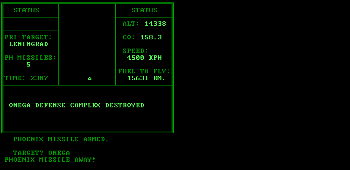 B-1 Nuclear Bomber (DOS) screenshot: Onega has launched its last anti-aircraft missile (monochrome)