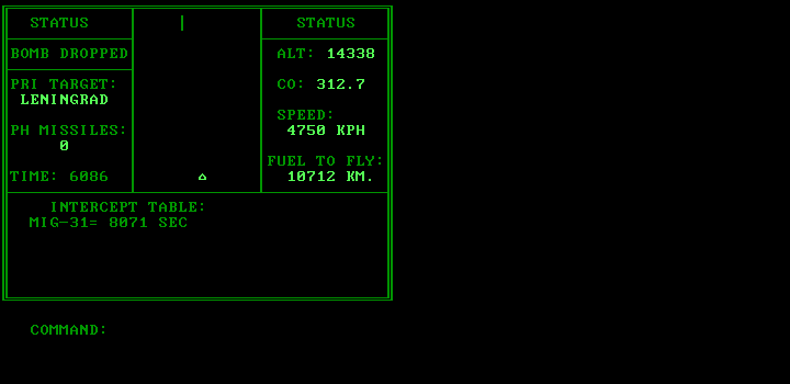 B-1 Nuclear Bomber (DOS) screenshot: A MiG is on my tail... pathetically far away (monochrome)