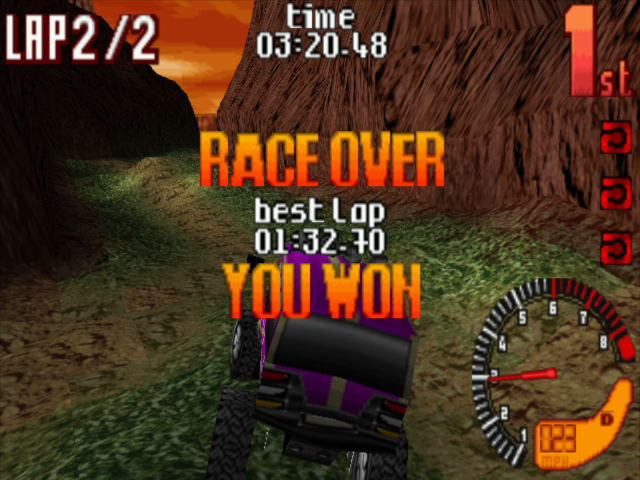 TNN Motor Sports Hardcore 4x4 (Windows) screenshot: First place! Yeah baby, yeah!