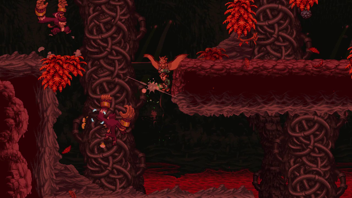 Owlboy (Windows) screenshot: Otus and Geddy fight off apes in a lava filled dungeon.