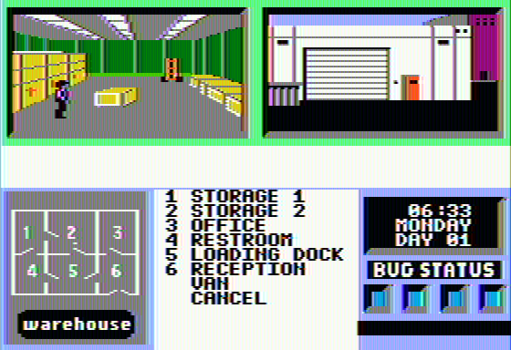 L.A. Crackdown (Apple II) screenshot: Exploring a warehouse