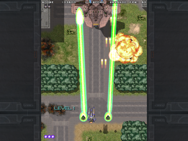 Wolflame (Windows) screenshot: The green laser is slow but very powerul