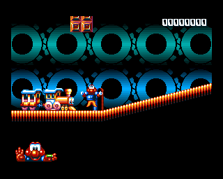 James Pond 2: Codename: RoboCod (Amiga) screenshot: Watch out for the train!