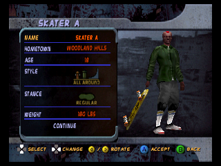 Tony Hawk's Pro Skater 2 (Nintendo 64) screenshot: New feature: Create Skater so you can create your custom skater.