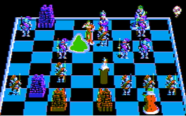 Battle Chess (DOS) screenshot: Queen on queen (CGA w/composite monitor)