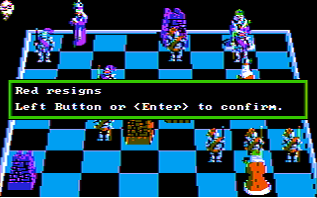 Battle Chess (DOS) screenshot: Blue triumphs! (CGA w/composite monitor)