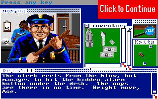 Déjà Vu II: Lost in Las Vegas (Amiga) screenshot: Apparently, trying to rough up the clerk to get him to cooperate wasn't such a great idea!