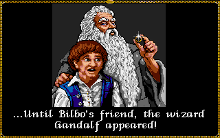 J.R.R. Tolkien's The Lord of the Rings, Vol. I (Amiga) screenshot: Gandalf the wizard visits Frodo about a certain ring.