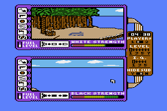 Spy vs. Spy: The Island Caper (Atari 8-bit) screenshot: The white spy has been reduced to ashes.