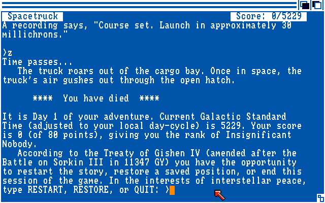 Stationfall (Amiga) screenshot: Warning - Make sure you close the hatch before taking off!