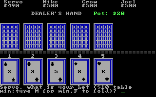 Casino Games (DOS) screenshot: Poker; an alternate set of colors is included intended to display better on black and white monitors
