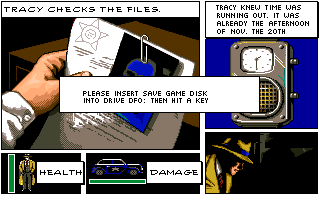 Dick Tracy: The Crime-Solving Adventure (Amiga) screenshot: Checking the files - the way to save the game.