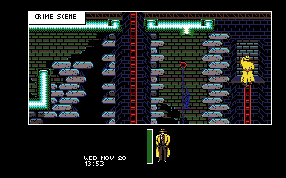 Dick Tracy: The Crime-Solving Adventure (Amiga) screenshot: Crime scene - You can examine the sewers below the building.
