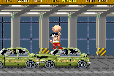 Hammerin' Harry (Arcade) screenshot: Third Boss: 2 Cars Destroy "over" them