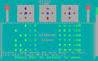 Casino Games (DOS) screenshot: Slot machines; an alternate set of colors is included intended to display better on composite monitors