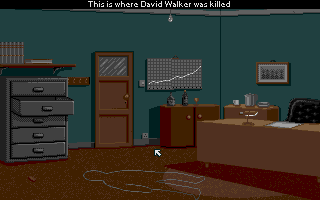 Crime City (DOS) screenshot: Investigating the crime scene. Steven doesn't collect objects and thus doesn't need an inventory.