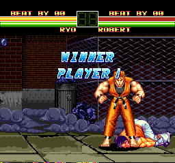 Art of Fighting (TurboGrafx CD) screenshot: The crazy Ryo has beaten his best friend to a bloody pulp... that's why all he deserves is broken English. "Winner player" is almost as good as "You're winner"!