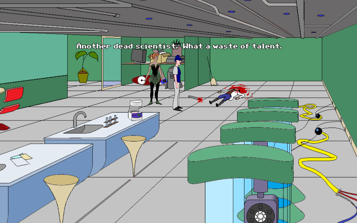 Dislocation (Windows) screenshot: Detective Bohr and his partner arriving at the crime scene