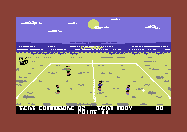 Bump, Set, Spike! Doubles Volleyball (Commodore 64) screenshot: A surfer moves by
