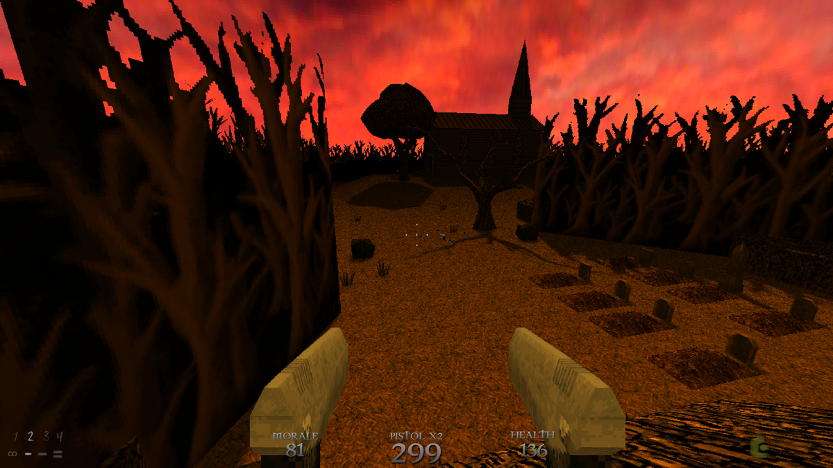 Dusk (Windows) screenshot: Looking down at a church with a graveyard and a sinister sky (Early Access version 1.4.1).