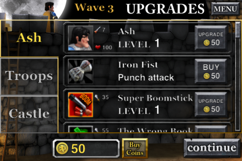 Army of Darkness: Defense (iPhone) screenshot: Upgrading Ash between waves.