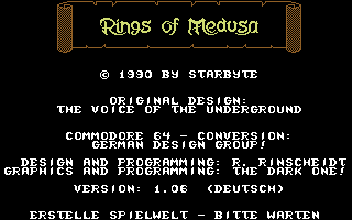 Rings of Medusa (Commodore 64) screenshot: Credits and loading screen (version 1.06 - German)