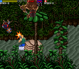 Riot (Arcade) screenshot: Shooting some more enemies in the jungle