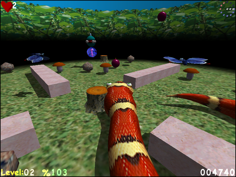 AxySnake (Windows) screenshot: We're over 100% satiated, a UFO proceeds to deliver the key.
