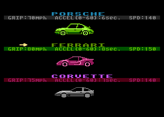 California Run (Atari 8-bit) screenshot: Choose a Car