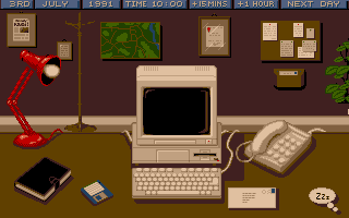 Crime City (DOS) screenshot: The office, home base for Steven's investigations.