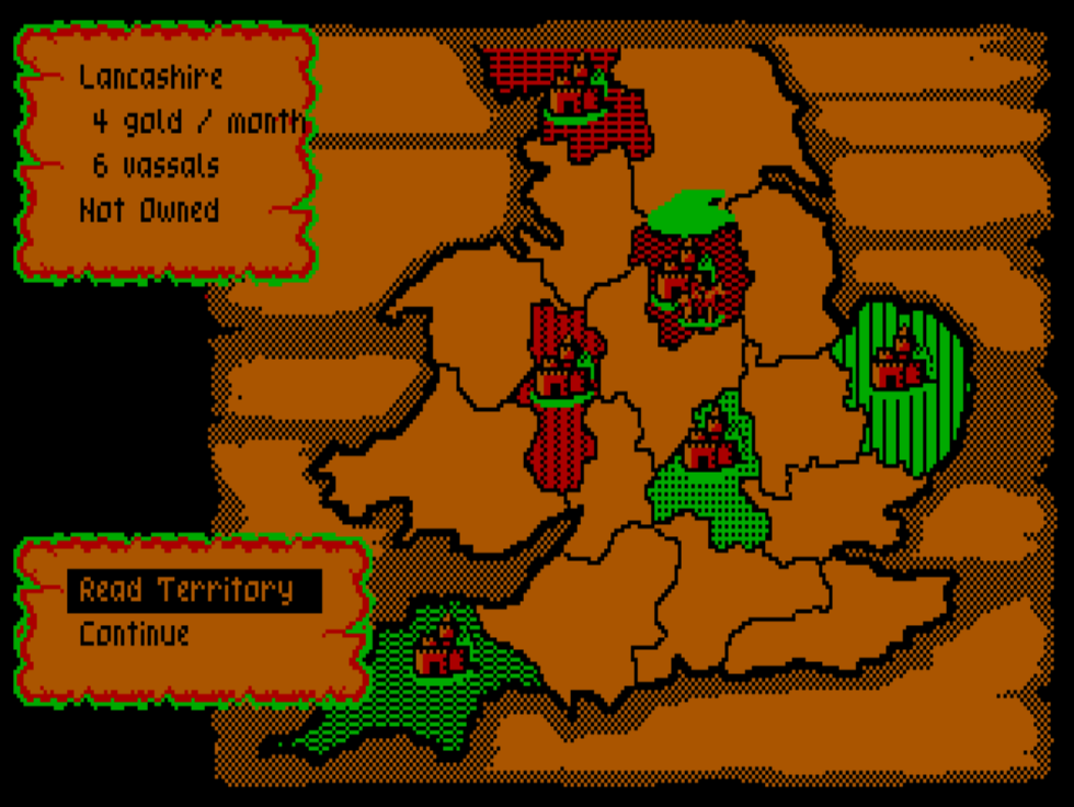 Defender of the Crown (Windows) screenshot: Territory info. (CGA)